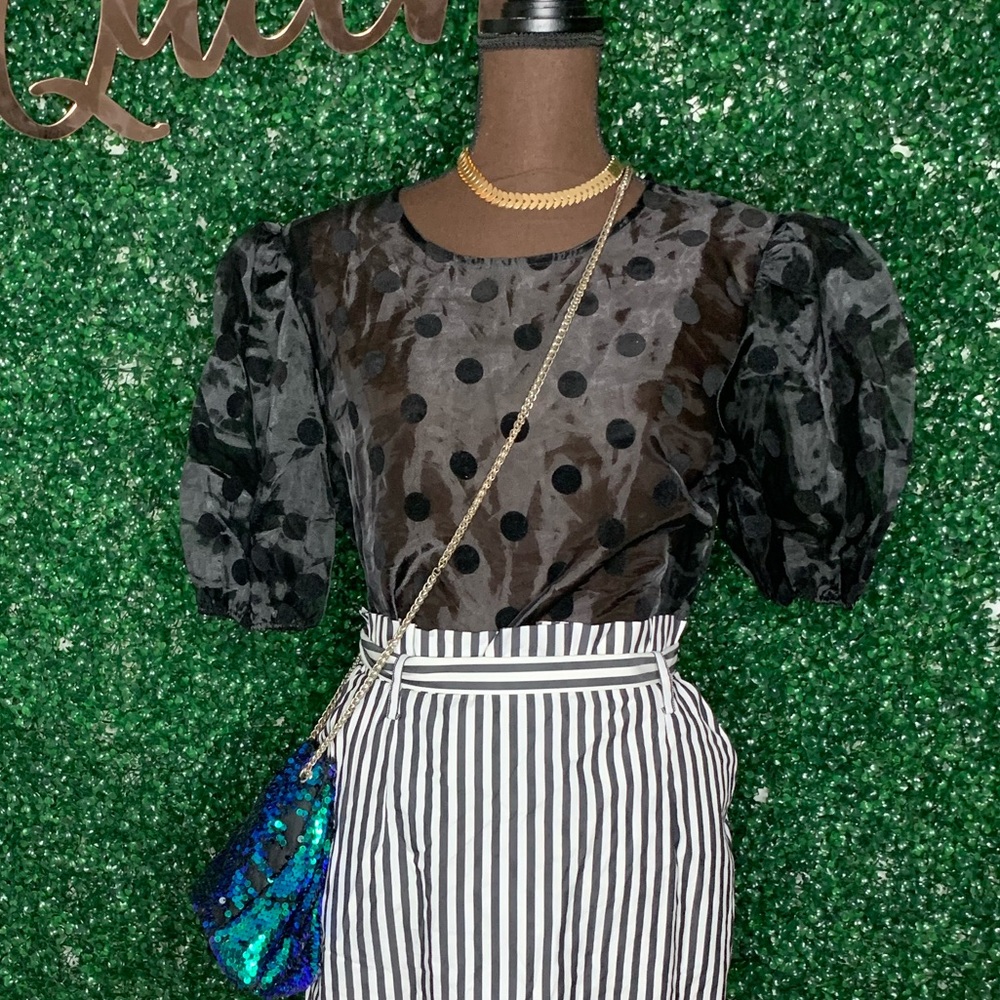 Organza Polka Dot Puff Sleeve Top Black Size Large